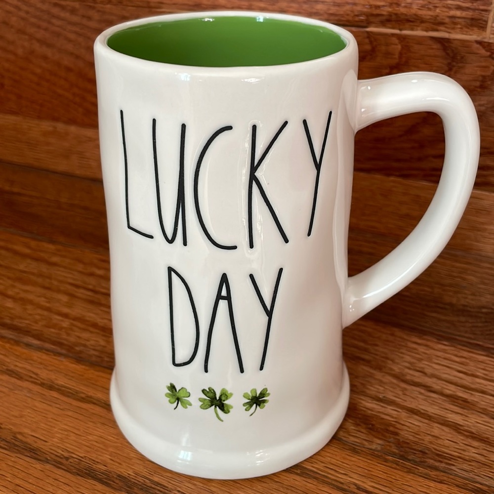 Rae dunn Beer Stein Mug Lucky Day #202 by Magenta Green White Glossy Shamrocks